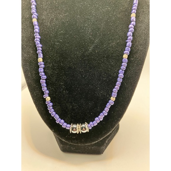 Purple Triangle Seed Beads, Silver-Tone Spacers & Round Metallic Beaded Necklace - Picture 12 of 13